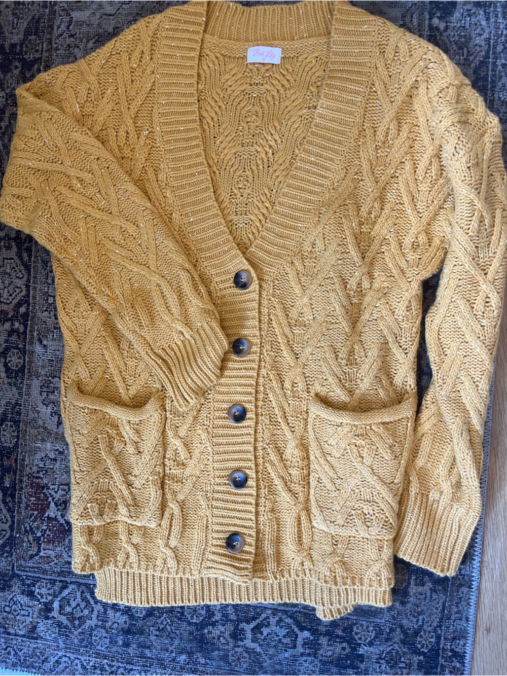 Pink Lily Mustard Cable-Knit Button women’s Cardigan sweater